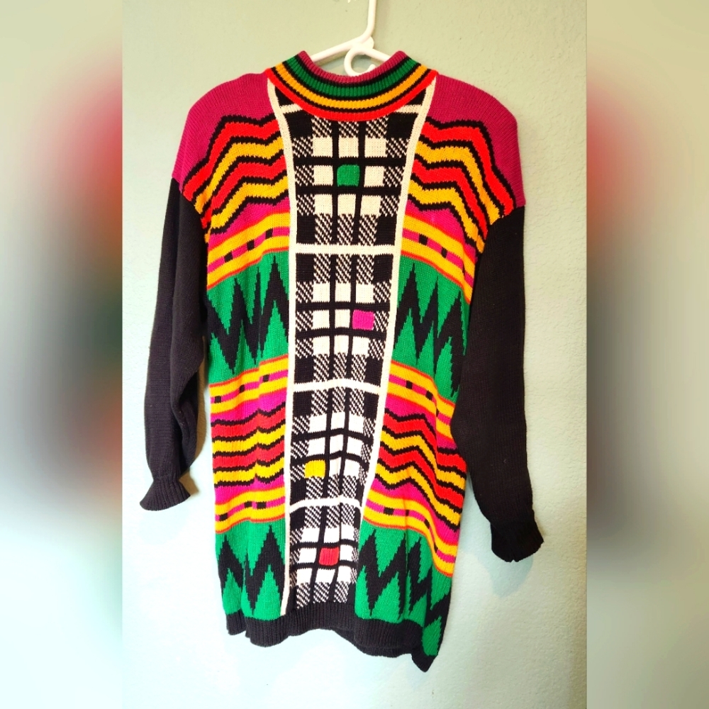 Vtg 80s 90s Knit Cotton Blend Sweater Colorful Geometric Tribal Marie Diamond XL